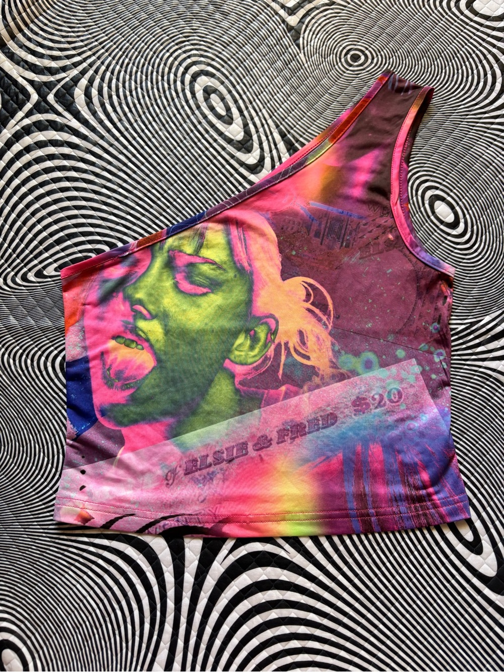 One-Shoulder Neon Graphic Crop Top - Pink/Green